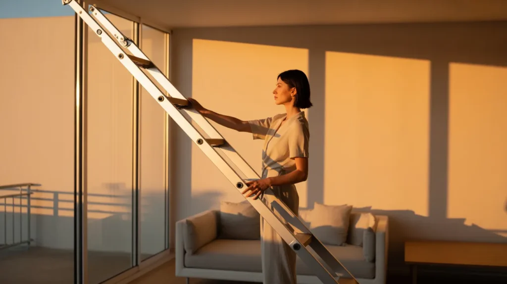 A woman smoothly extends a compact telescopic ladder that fits between furniture in a small apartment