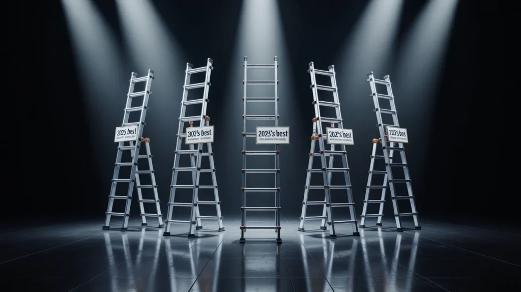 Five telescopic ladders lined up on a glossy floor under dramatic studio lighting, each labeled subtly as “2025’s Best.”