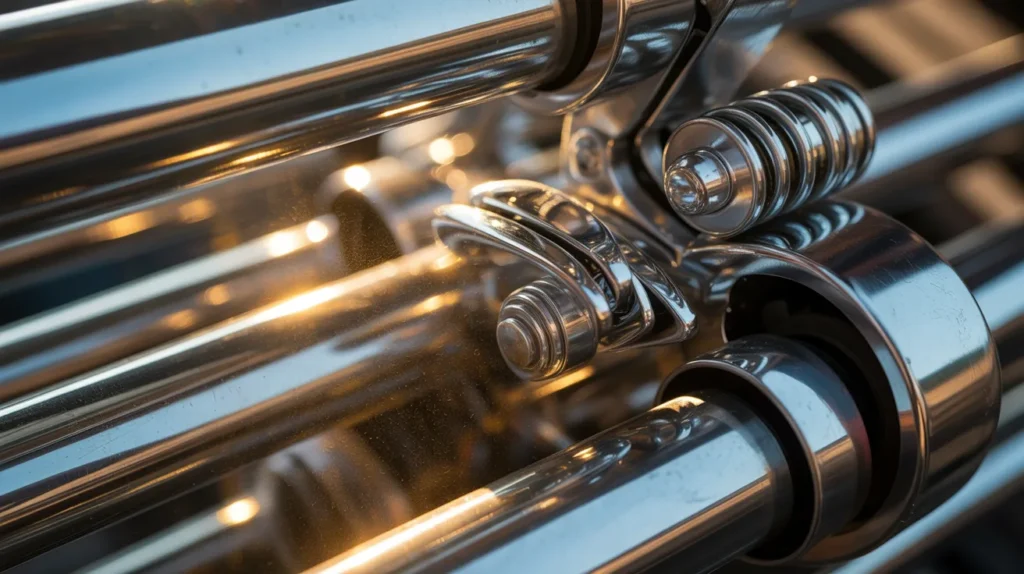 Macro close-up of telescopic ladder joints and locking mechanisms, chrome reflections, slow-motion dust particles in warm sunlight