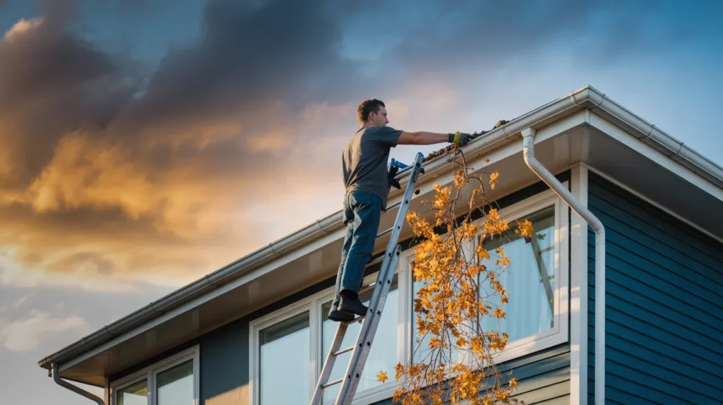 homeowner stands confidently on a telescopic ladder cleaning gutters of a modern suburban house