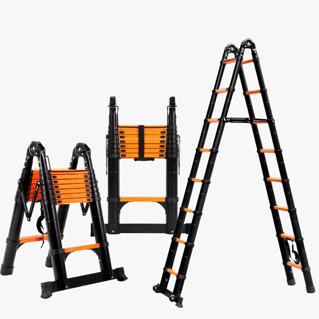 FEETE 16.5FT A Frame Telescoping Ladder, Aluminum Lightweight Extension Ladder w/Triangle Stabilizers, Stabilizer Bar  Movable Wheels, 330lbs Capacity Telescopic Ladder for Home, Outdoor (Orange)