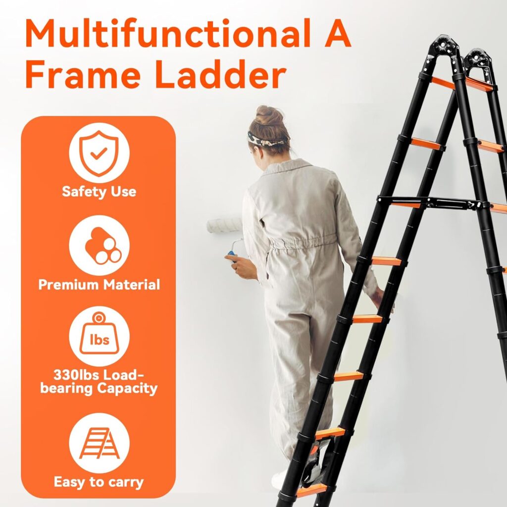FEETE 16.5FT A Frame Telescoping Ladder, Aluminum Lightweight Extension Ladder w/Triangle Stabilizers, Stabilizer Bar  Movable Wheels, 330lbs Capacity Telescopic Ladder for Home, Outdoor (Orange)