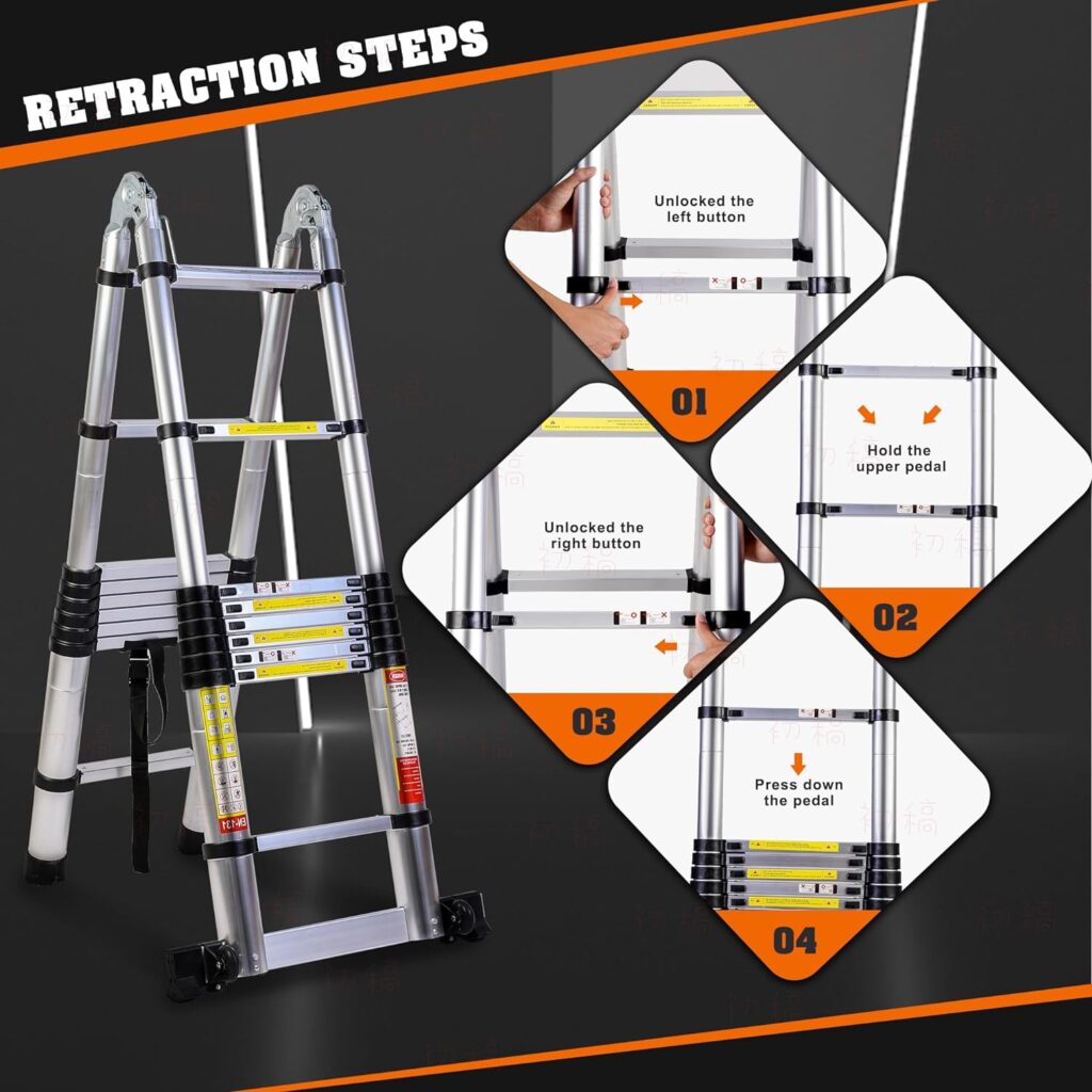 FEETE 16.5FT A Frame Telescoping Ladder, Aluminum Lightweight Extension Ladder w/Triangle Stabilizers, Stabilizer Bar  Movable Wheels, 330lbs Capacity Telescopic Ladder for Home, Outdoor (Orange)
