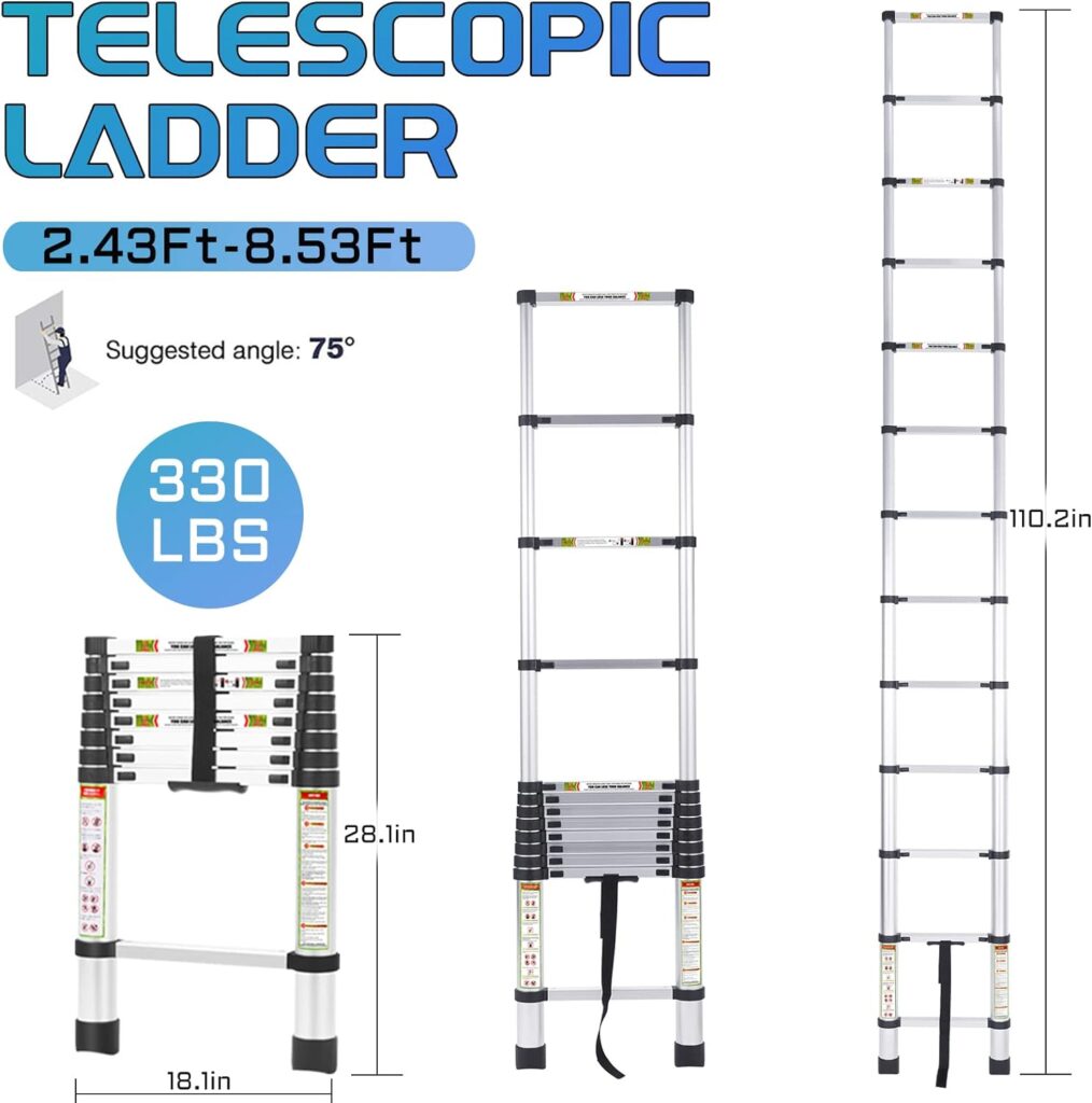 Telescopic Ladder, 8.5FT RIKADE Aluminum Telescoping Ladder with Non-Slip Feet, Portable Extension Ladder for Household and Outdoor Working,330lb Capacity