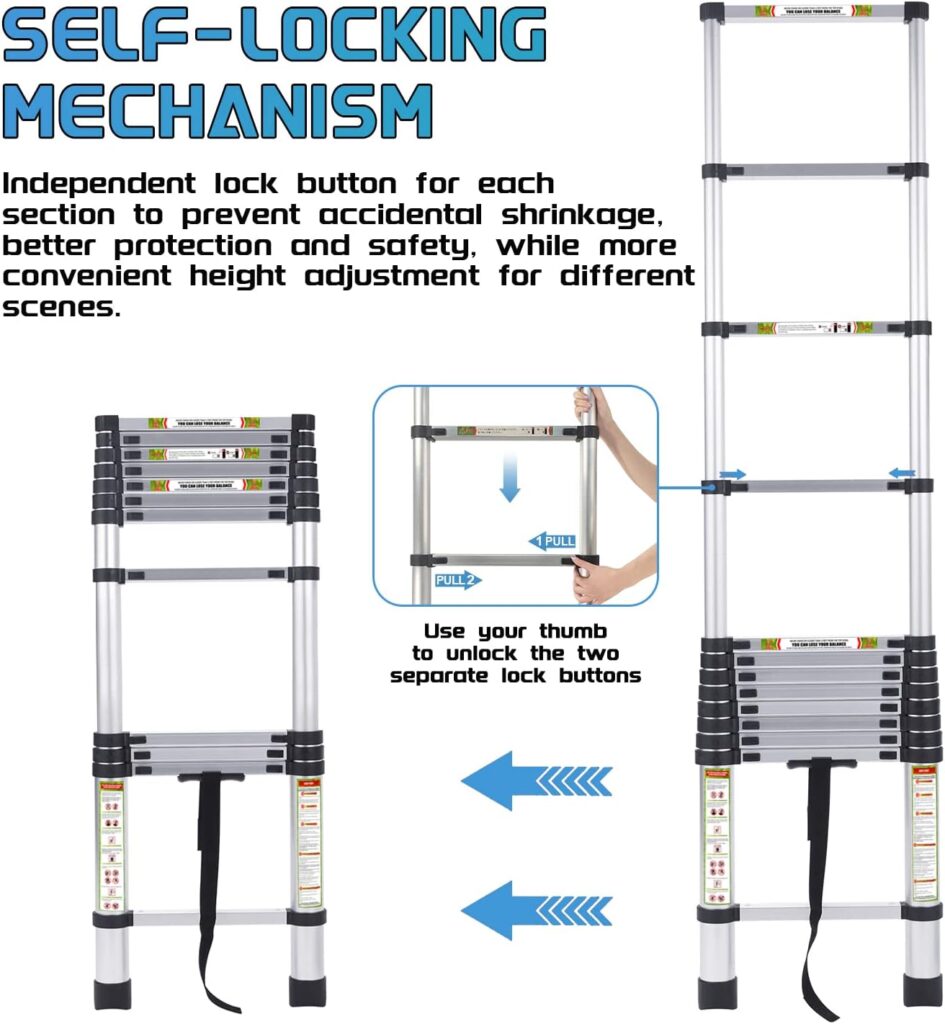 Telescopic Ladder, 8.5FT RIKADE Aluminum Telescoping Ladder with Non-Slip Feet, Portable Extension Ladder for Household and Outdoor Working,330lb Capacity